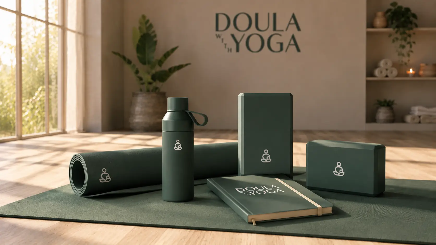 Doula with Yoga branded yoga mat, bottle, blocks and notebook
